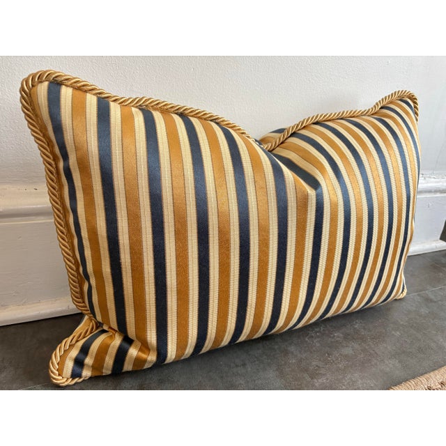 Textile Striped Blue and Gold Down-Filled Lumbar Pillow With Cord Edge For Sale - Image 7 of 8