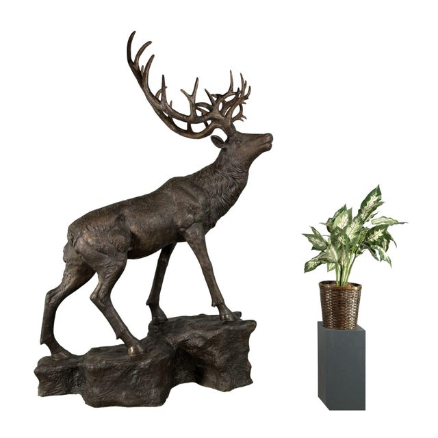 Monumental hand-cast bronze stag sculpture at an impressive 117 inches tall. This dramatic outdoor sculpture depicts a...