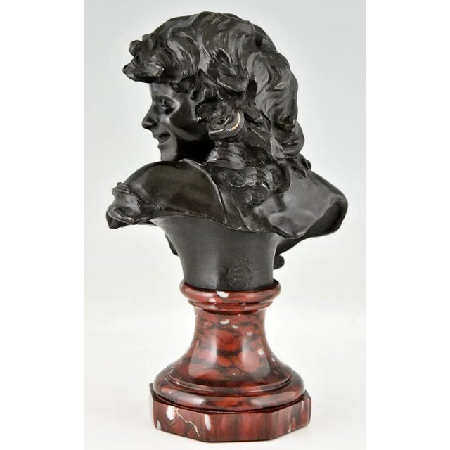 Metal Antique Bronze Bust of a Smiling Child by Jean Antoine Injalbert, France, 1900s For Sale - Image 7 of 11