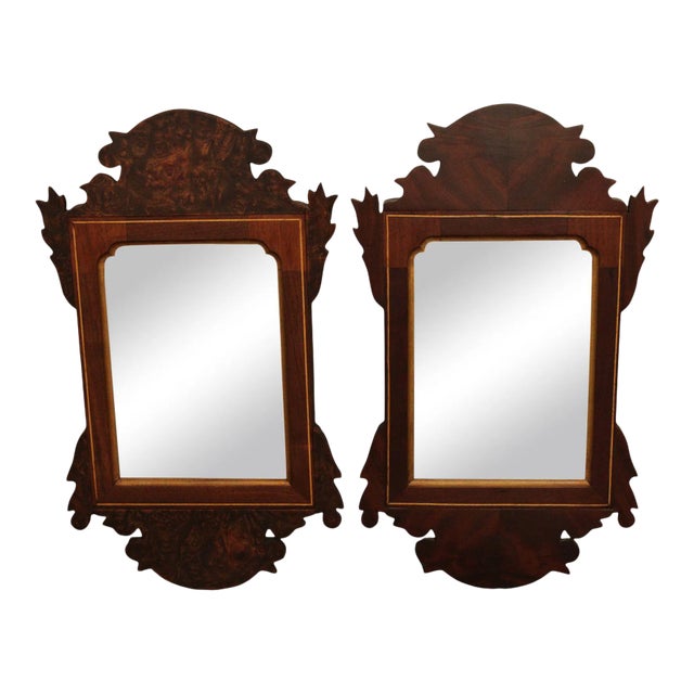 Chippendale Style Hand Crafted Mahogany & Burl Wood Small Mirrors- a Pair For Sale