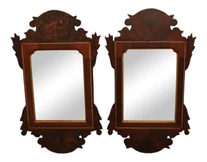 Chippendale Style Hand Crafted Mahogany & Burl Wood Small Mirrors- a Pair