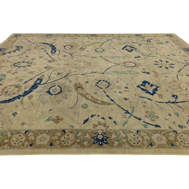 Textile Vintage Tabriz Style Wool Area Rug – Neutral Persian Design With Indigo Accents For Sale - Image 7 of 11