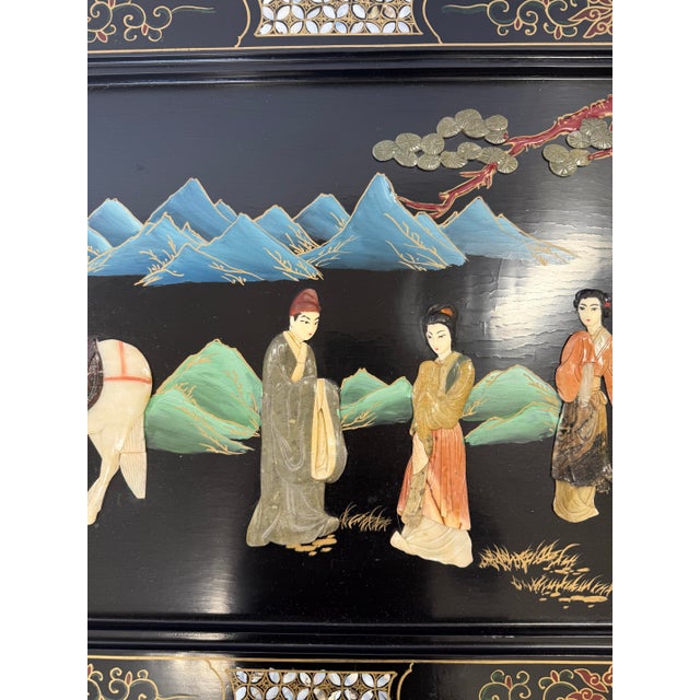 Mid 20th Century Mid 20th Century Chinoiserie Black Lacquer Coffee Table With Carved Hard Stone Art For Sale - Image 5 of 10