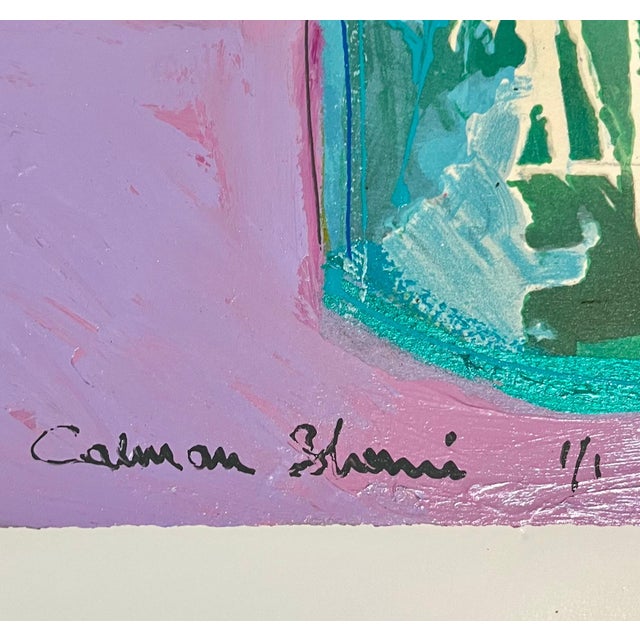 Early 20th Century Calman Shemi, Unique Modernist Israeli Still Life Monoprint Painting Calman Shemi Vase Flowers, c. 20th century For Sale - Image 5 of 6