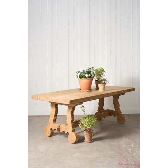 Spanish Splayed Leg Bleached Oak Trestle Dining Table (C. 1900)