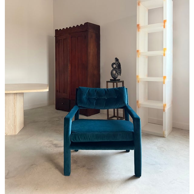 1980s Pair Re-Upholstered Emerald Green Velvet Parsons Lounge Chairs Milo Baughman For Sale - Image 5 of 18