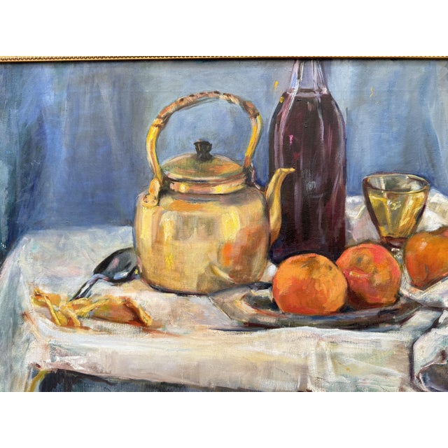 Realism 1970s Still Life Painting - Fruit on Table With Kettle For Sale - Image 3 of 3