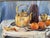 Realism 1970s Still Life Painting - Fruit on Table With Kettle For Sale - Image 3 of 3