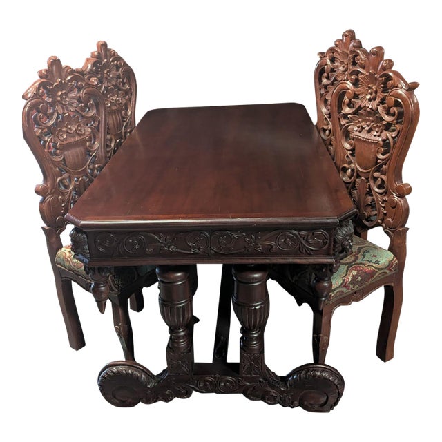 1970s Carved Tressel Table and 4 Chairs - Set of 5 For Sale