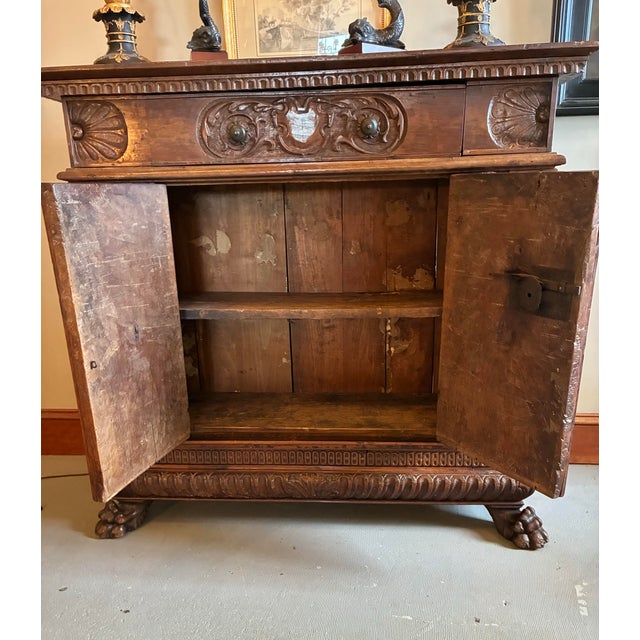 Antique Baroque 17th C. Two Door Carved Cabinet on Carved Paw Feet. 45.5l X 16.5d X 43.5h For Sale - Image 9 of 9