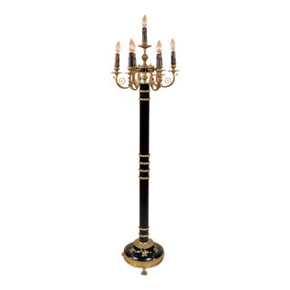 Circa 1910 Empire Style Gilt Bronze and Black Lacquer Candelabra Floor Lamp For Sale