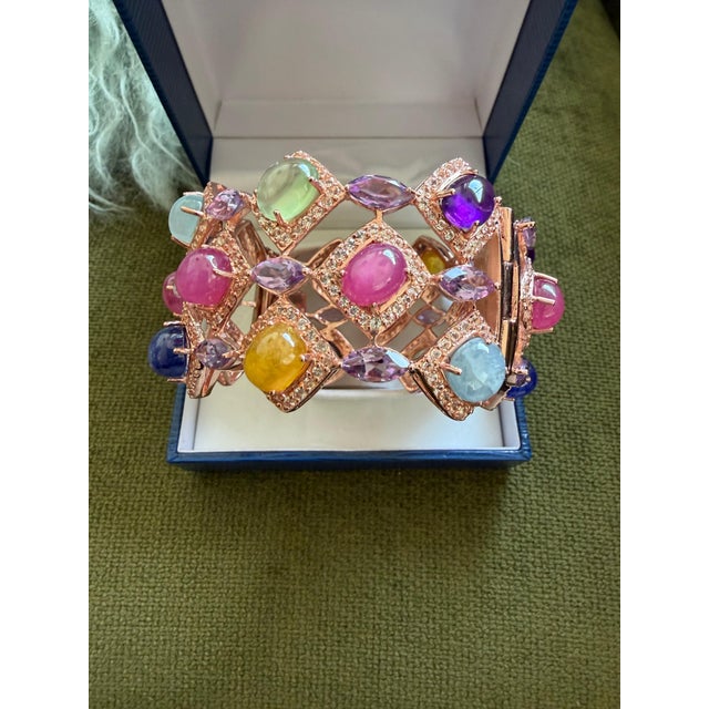 Bochic “Capri” Vintage Ruby & Multi Sapphire Bangle Set In 18K Gold & Silver For Sale - Image 10 of 10