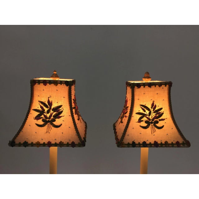 Tyndale Pretty Two-Arm Gilt Metal Floor Lamp With Hand Embroidered Shades For Sale - Image 4 of 12