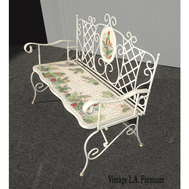 Vintage French Country White Wrought Iron Tiled Bench W Parrots Two Seater For Sale - Image 13 of 13