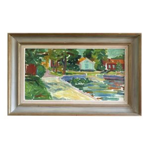 1951 Mid-Century Modern 'Riverside Cottages' Original Swedish Semi-Abstract Landscape Oil Painting, Framed