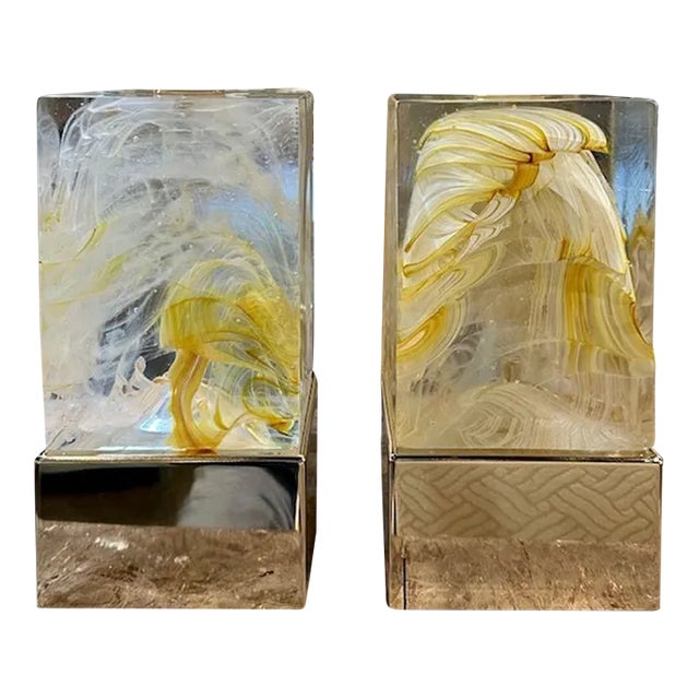 Pair of Murano Yellow Block Lamps For Sale