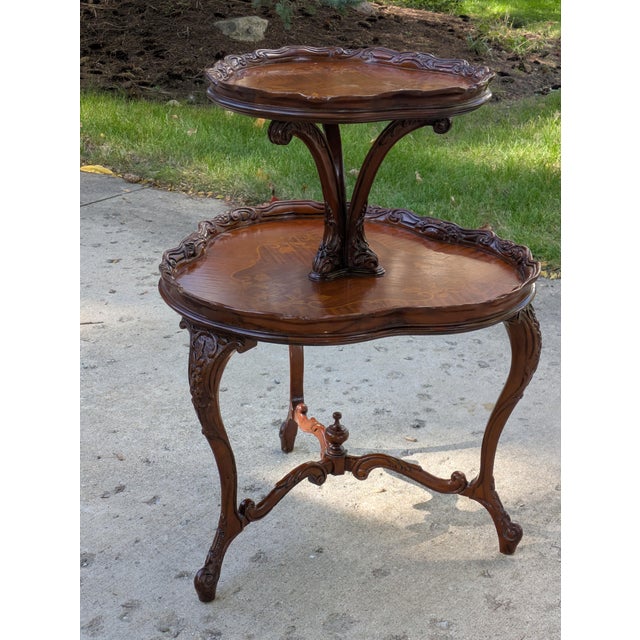 Wood Vintage French Style Two Tier Table Dessert Parlor With Inlays For Sale - Image 7 of 17