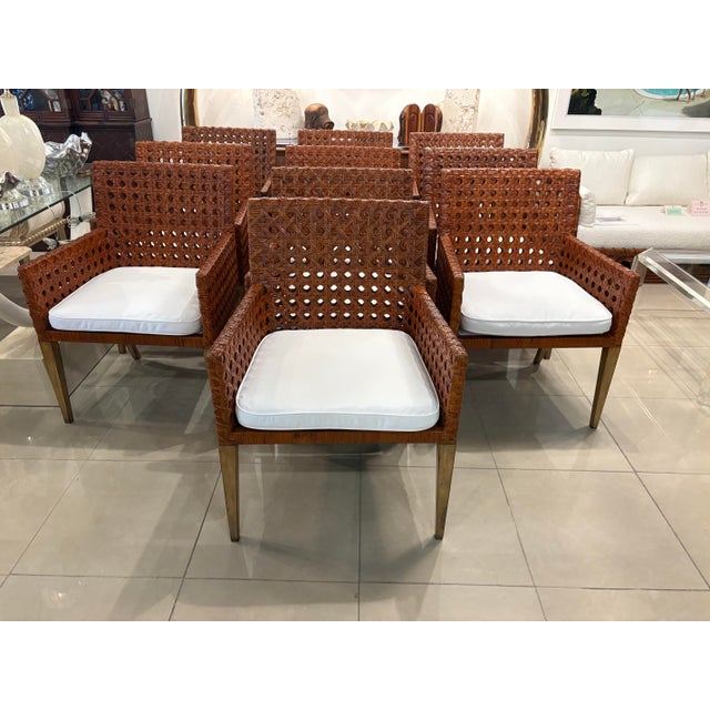 Vintage Set of 10 Woven Cane Rattan Dining Arm Chairs Armchairs Restored For Sale - Image 11 of 12