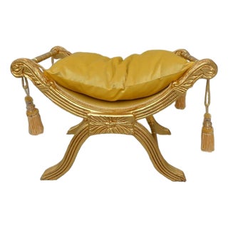 The Versailles Gold Leaf Vanity Bench – Yellow Damask Cushion & Handcrafted Elegance For Sale