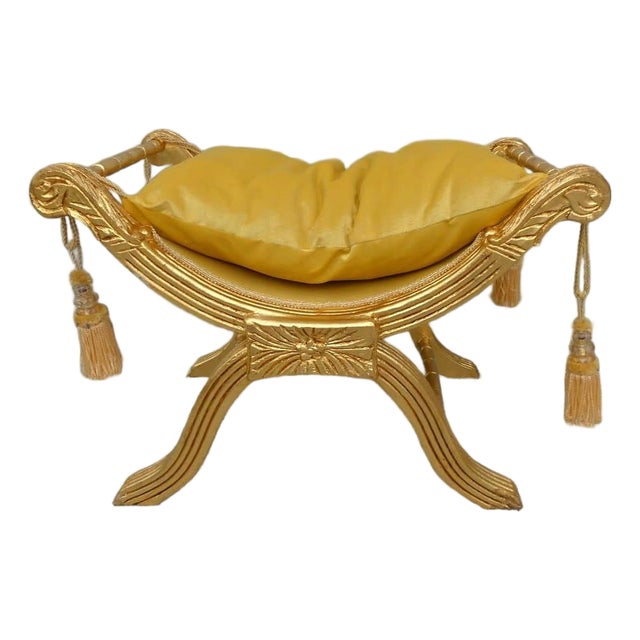 The Versailles Gold Leaf Vanity Bench – Yellow Damask Cushion & Handcrafted Elegance For Sale