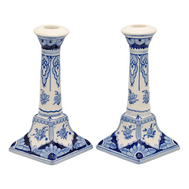 Hand-Painted Candlesticks from Royal Delft, Set of 2 For Sale