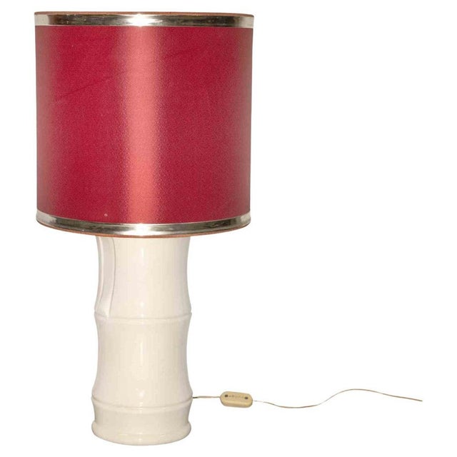 1970s Vintage Bamboo Table Lamp in Ceramic and Brass with Red Shade, Italy, 1970s For Sale - Image 5 of 5
