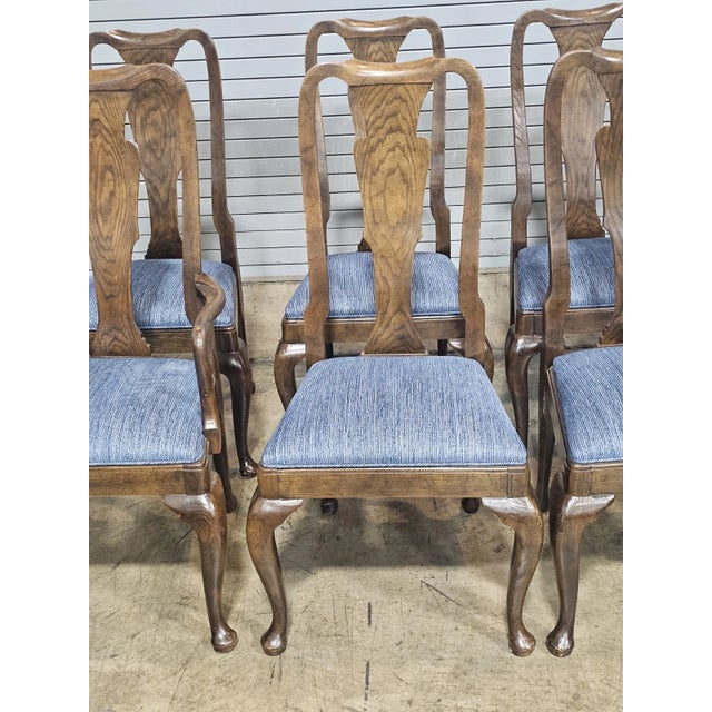 Late 20th Century Set of 8 Baker Furniture Solid Oak Queen Anne Style Dining Room Chairs For Sale In Cleveland - Image 6 of 14