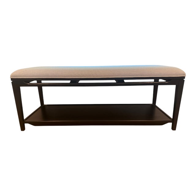 Arhaus Upholstered Wood Bench With Lower Shelf – 48” For Sale