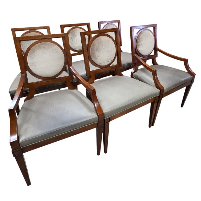 Mid-Century Modern Set of 6 Baker Furniture Dining Chairs, Modern Neoclassical Regency Style, Geometric Circle Back, Upholstered Seats For Sale - Image 3 of 12