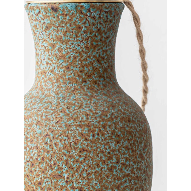 1970s Mid-Century Modern French Pottery Table Lamp with Raffia Lampshade from Accolay Studio, 1950s For Sale - Image 5 of 13