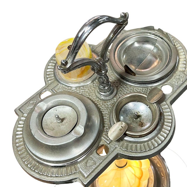 Art Deco 1930s Art Deco Light Up Chrome Ashtray Stand W/ Electric Lighter & Art Glass Base For Sale - Image 3 of 8