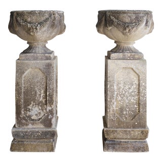 Pair of Concrete Swag Urns on Stands For Sale
