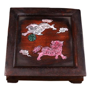 Vintage Chinese Rosewood Display Stand With Mother of Pearl "Double Lion" Inlay For Sale
