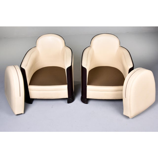 French 1930s Art Deco Club Chairs in Cream Leather With Hardwood Frames - Pair For Sale - Image 12 of 12