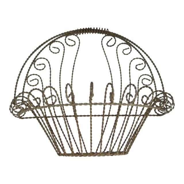 Vintage French-Style Twisted Wire Wall Basket – Ornate Scrollwork Garden or Plant Decor For Sale