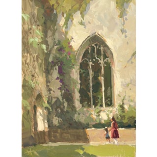 St. Dunstan Shade by Judd Mercer | Gouache Painting of a woman and child near a gothic window For Sale