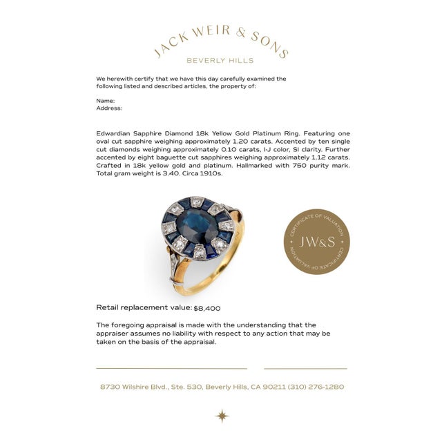 1910s Edwardian Sapphire Diamond 18k Yellow Gold Platinum Ring, , Size 3.25 For Sale In Los Angeles - Image 6 of 6