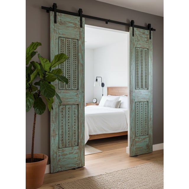 Wood Antique Indian Carved Wood Doors With Brass Studs – Rustic Farmhouse Barn Doors 80x40 For Sale - Image 7 of 8