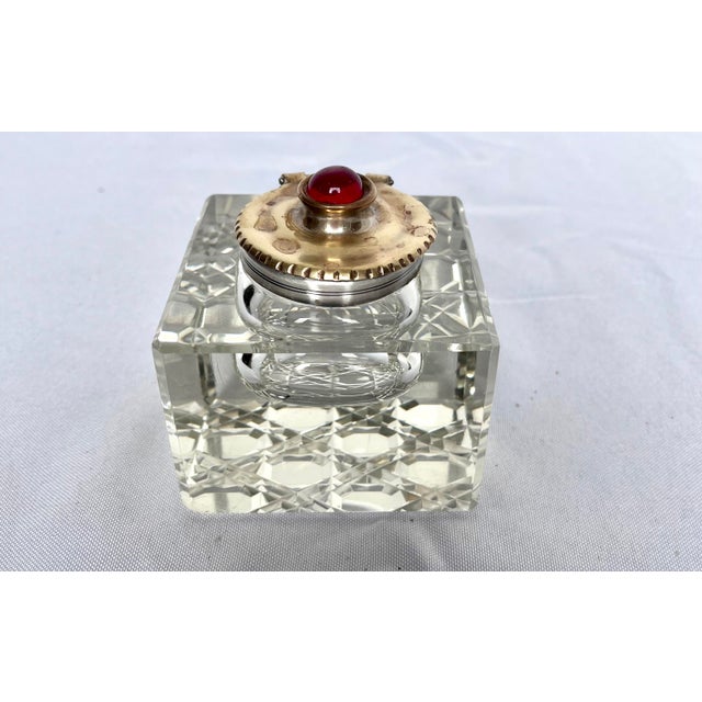 Vintage Cut Crystal Inkwell W/Brass Lid and Red Gemstone For Sale - Image 10 of 12