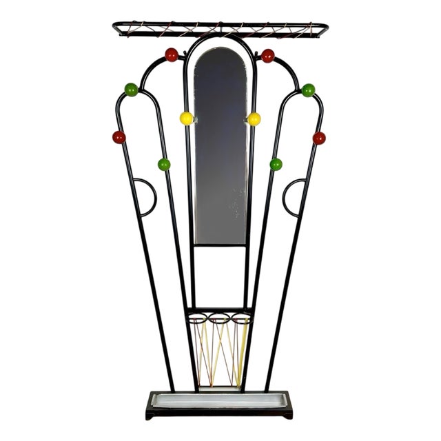 Vintage Metal Coat Rack with Wooden Balls and Scoubidou Cords, 1960s For Sale