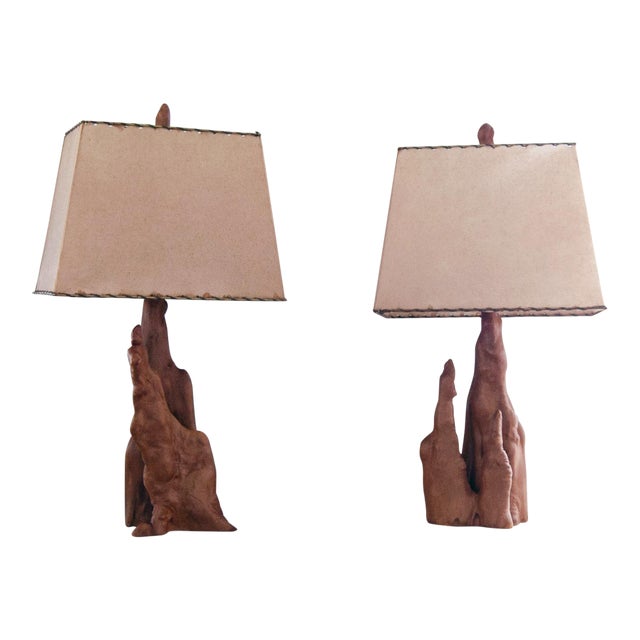 1960s Mid Century Cypress Knee Table Lamp Set With Shades A Pair