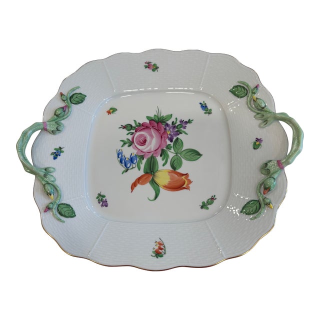 Her End Hand-Painted Floral Porcelain Square Tray With Applied Leaf Handles For Sale