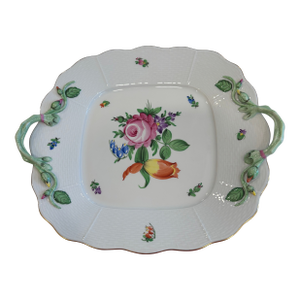 Her End Hand-Painted Floral Porcelain Square Tray With Applied Leaf Handles