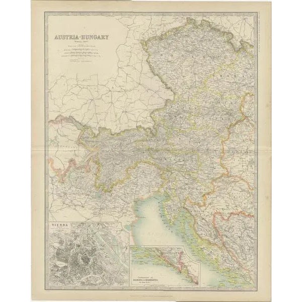 Antique map titled 'Austria- Hungary'. Original antique map of Austria- Hungary. with inset maps of Vienna, Dalmatia and...