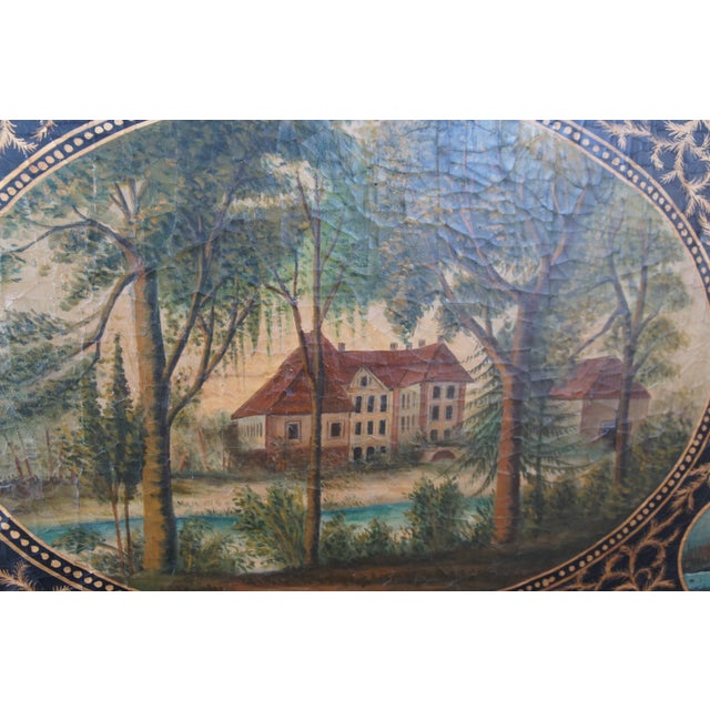 Black Vintage Tole Hand Painted Woodland Cottage Landscape Framed Metal Toleware 47" For Sale - Image 8 of 12