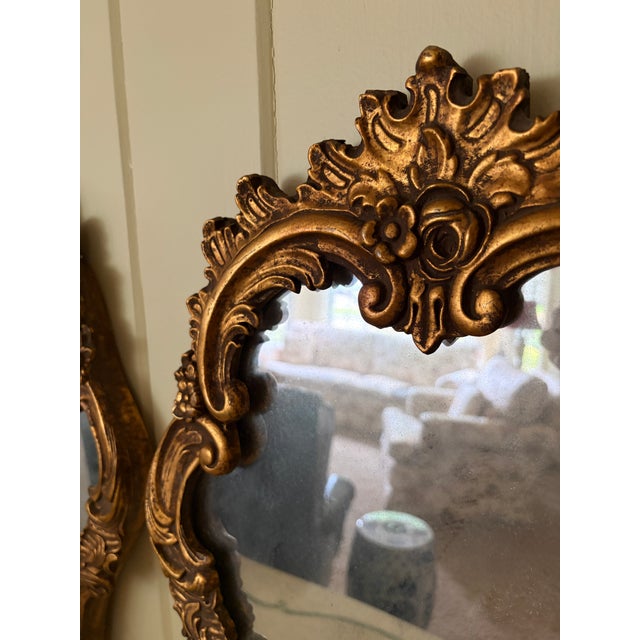 Gold Pair of Italian Rococo Giltwood Mirrors With Antiqued Glass For Sale - Image 8 of 14