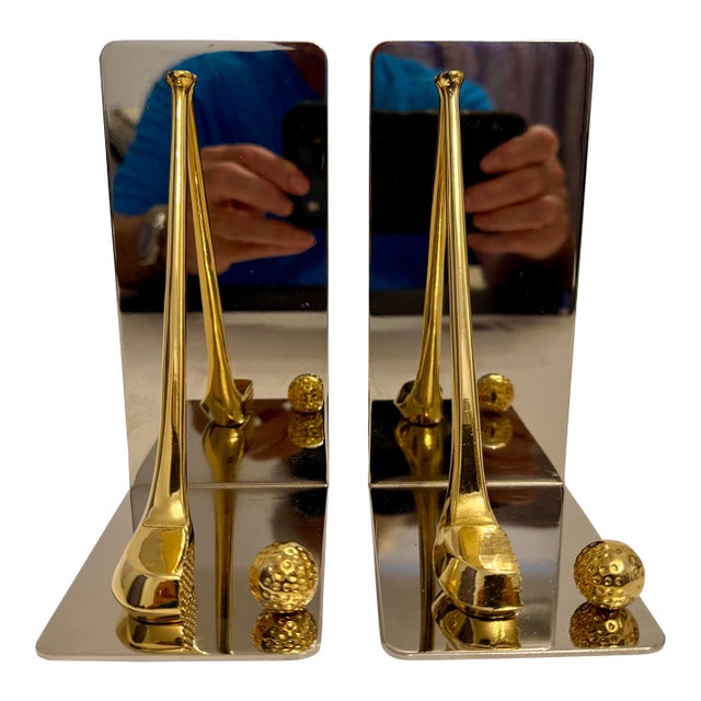 Brass and Chrome Golf Club Bookends, Late 20th Century Design For Sale