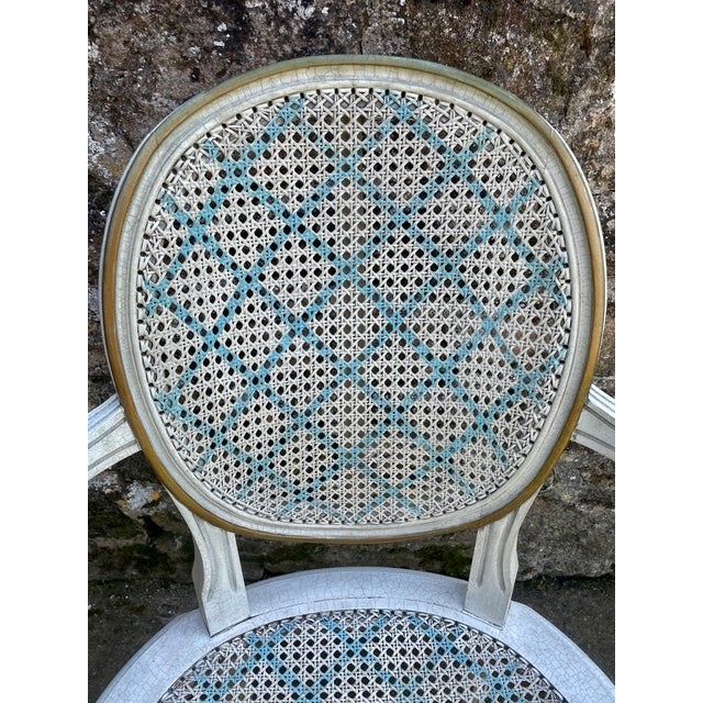 Louis XVI Style Caned Medallion Armchair in White and Blue, 1950s For Sale - Image 9 of 12
