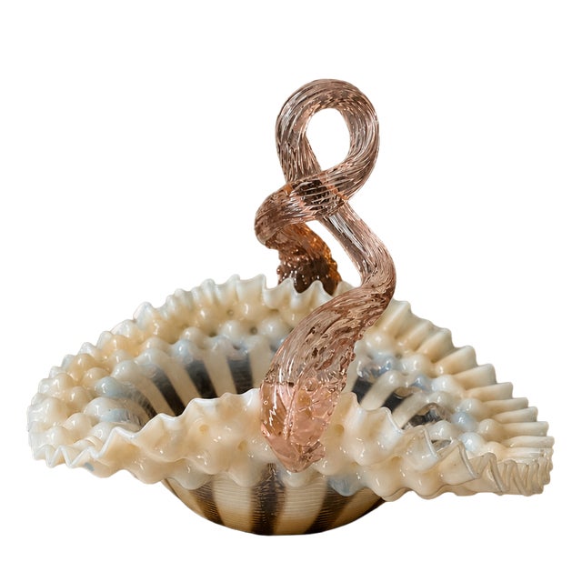 Vintage Murano Art Glass Basket with Opaline Bowl and Pink Twisted Handle, Italy, 1960s For Sale