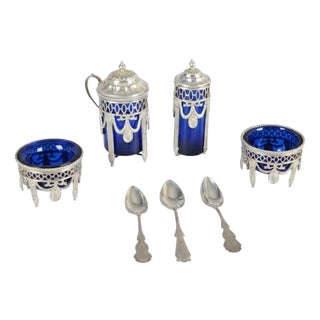 Antique Silver-Mounted Cobalt Blue Glass Condiment Set, 1900, Set of 7 For Sale